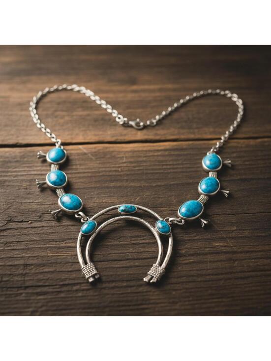 Jewelry - Vintage Costume Turquoise Squash Blossom Necklace - Silver Tone Naja Pendant